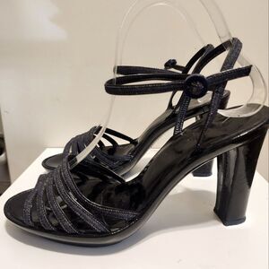 Marc Jacobs Black Patent Leather/Denim Strappy Platform Sandals Sz.7.5/38.5 $495